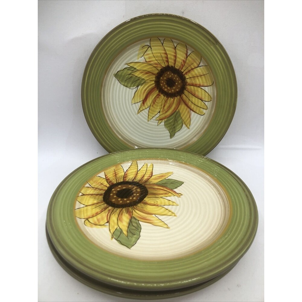 3 Clay Art Sunflower HandPainted Stone Lite Salad Dessert Replacement Plate 8.25